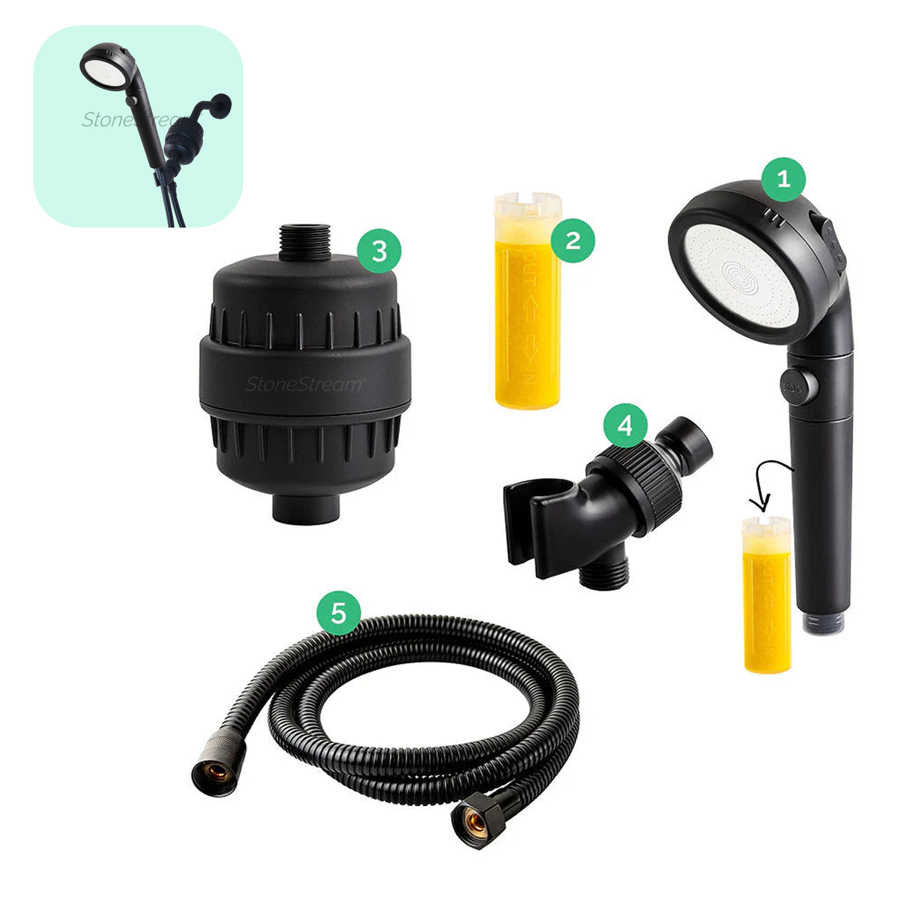 Capul de duș negru Ecopower cu un kit de filtrare a apei dure