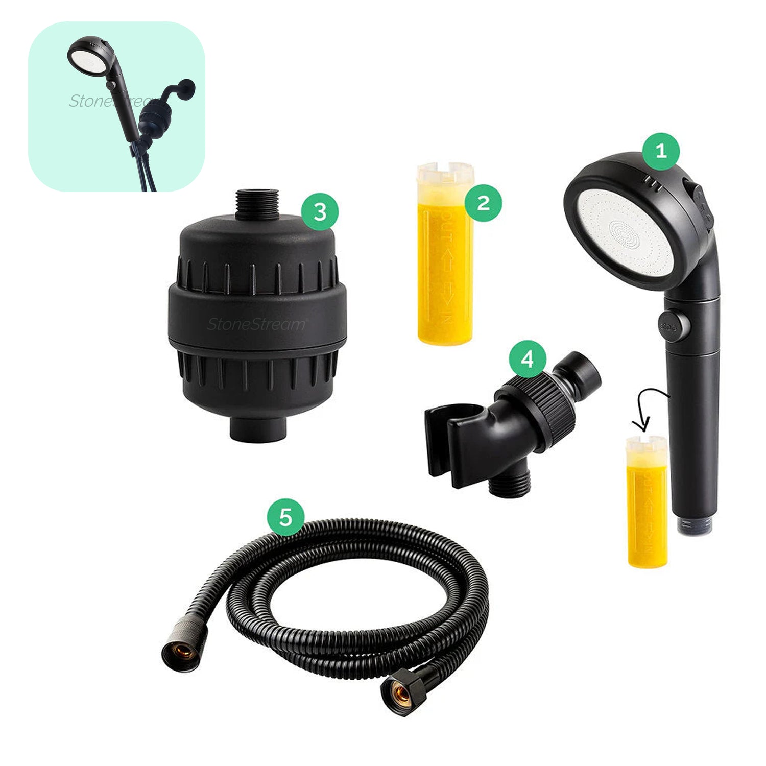 Capul de duș negru Ecopower cu un kit de filtrare a apei dure